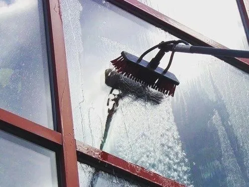 Water-fed pole brush cleaning a window